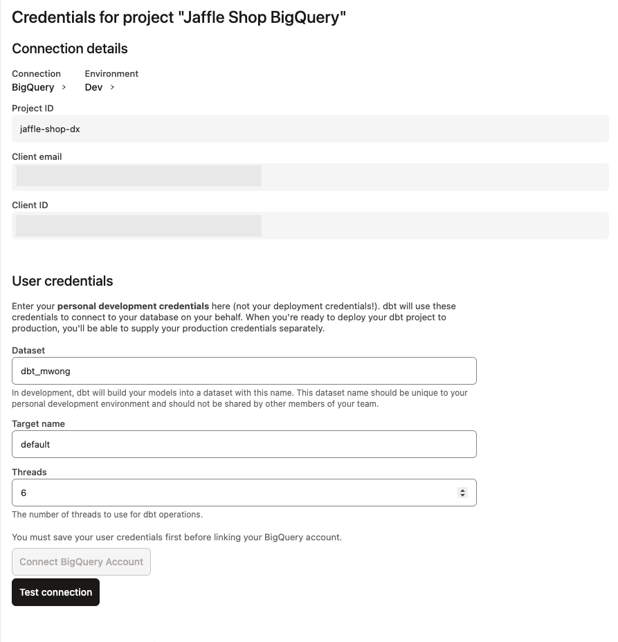 BigQuery User credentials