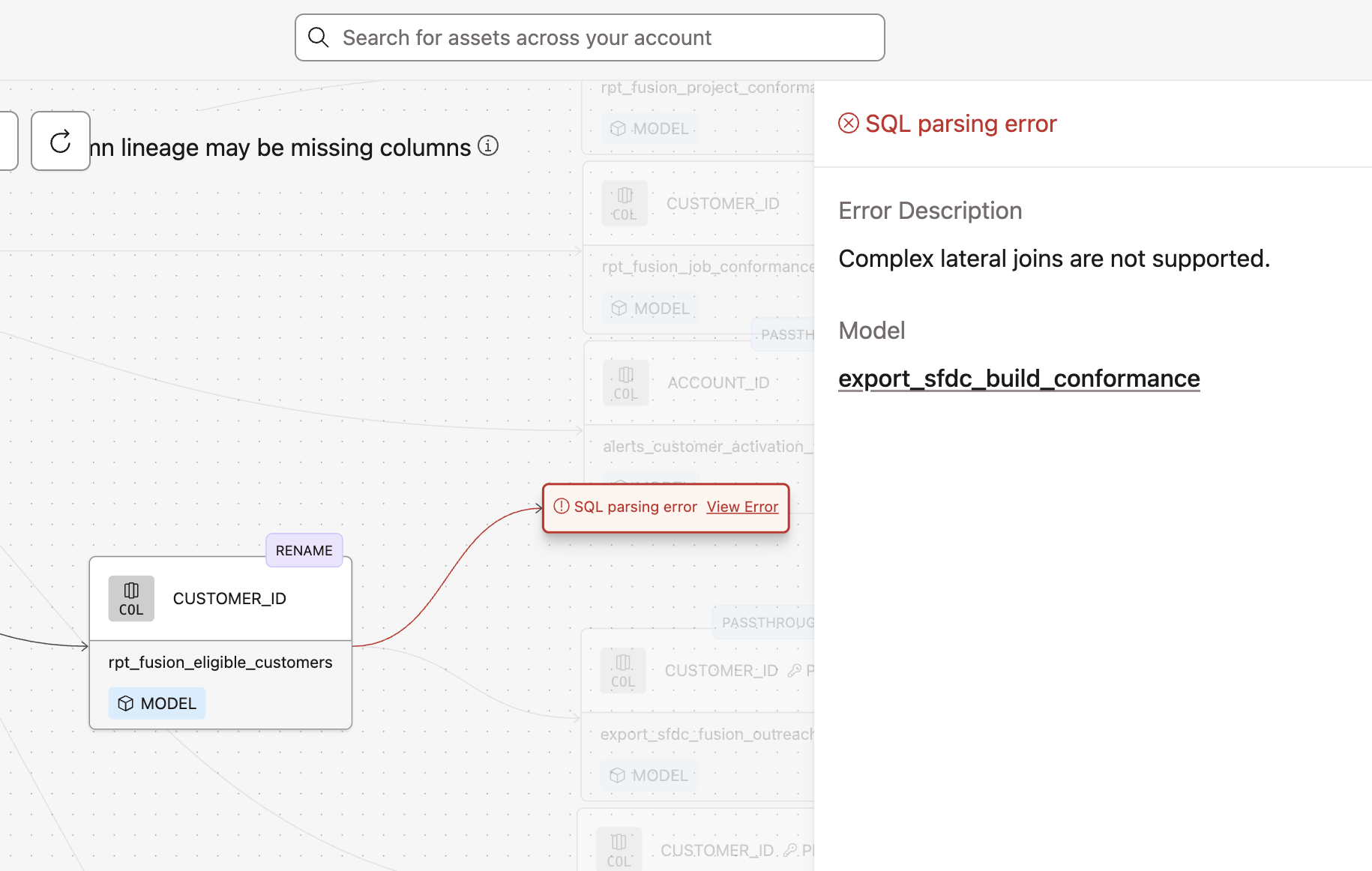 Example of warning in the full lineage graph Example of warning in the full lineage graph