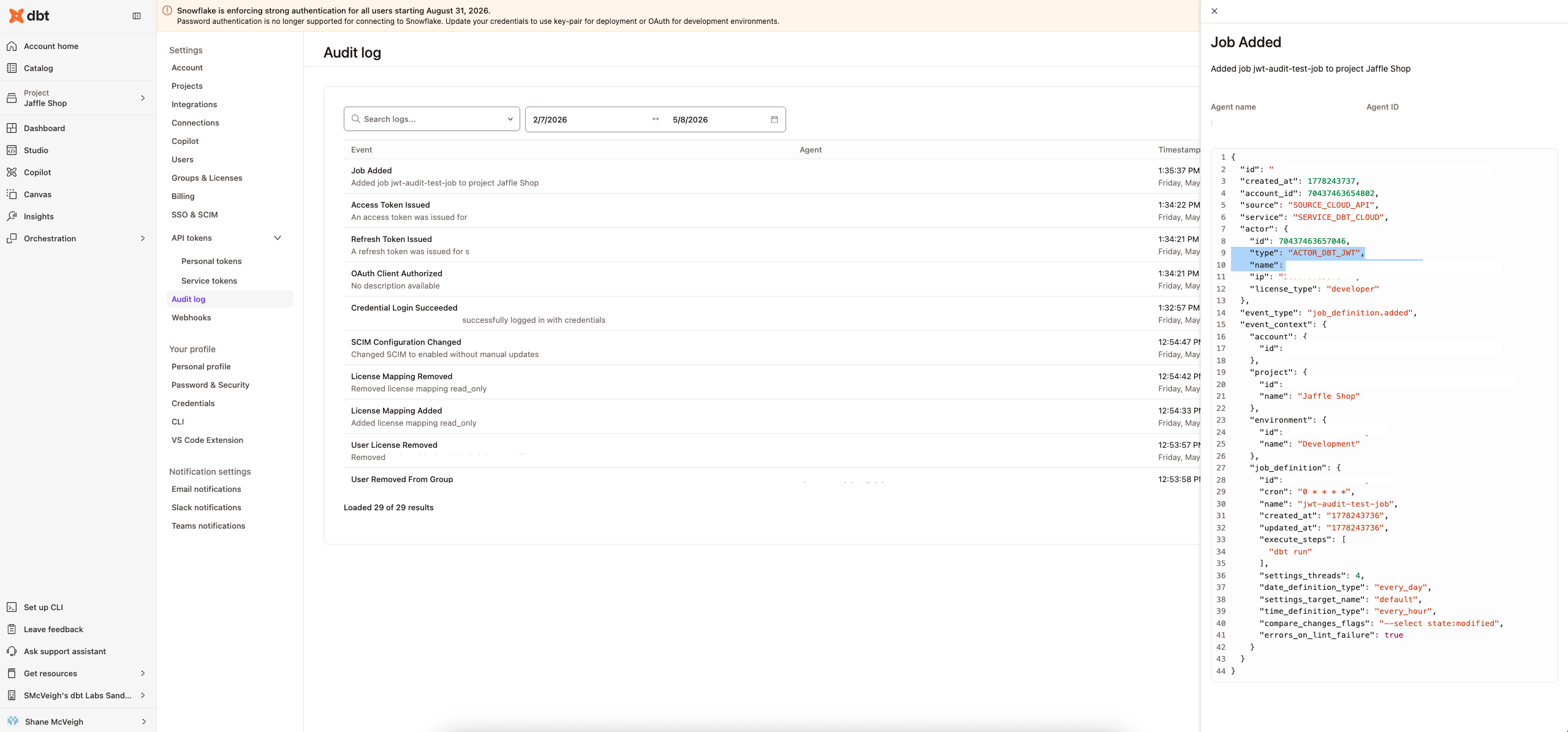 Audit log entry for an action taken through an OAuth-connected client Audit log entry for an action taken through an OAuth-connected client