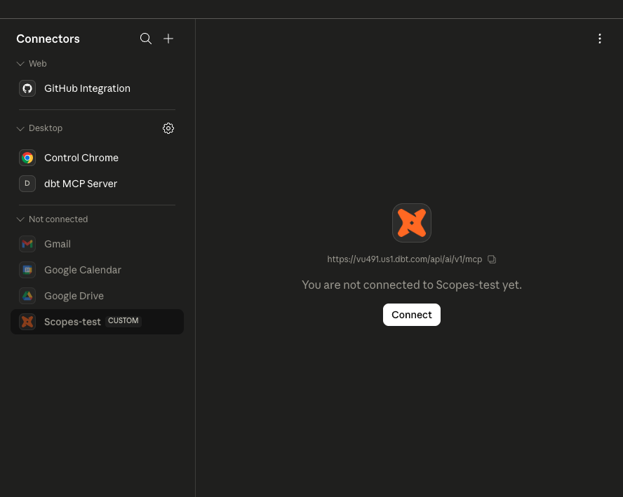 Adding a custom dbt connector in an AI tool's connector settings
