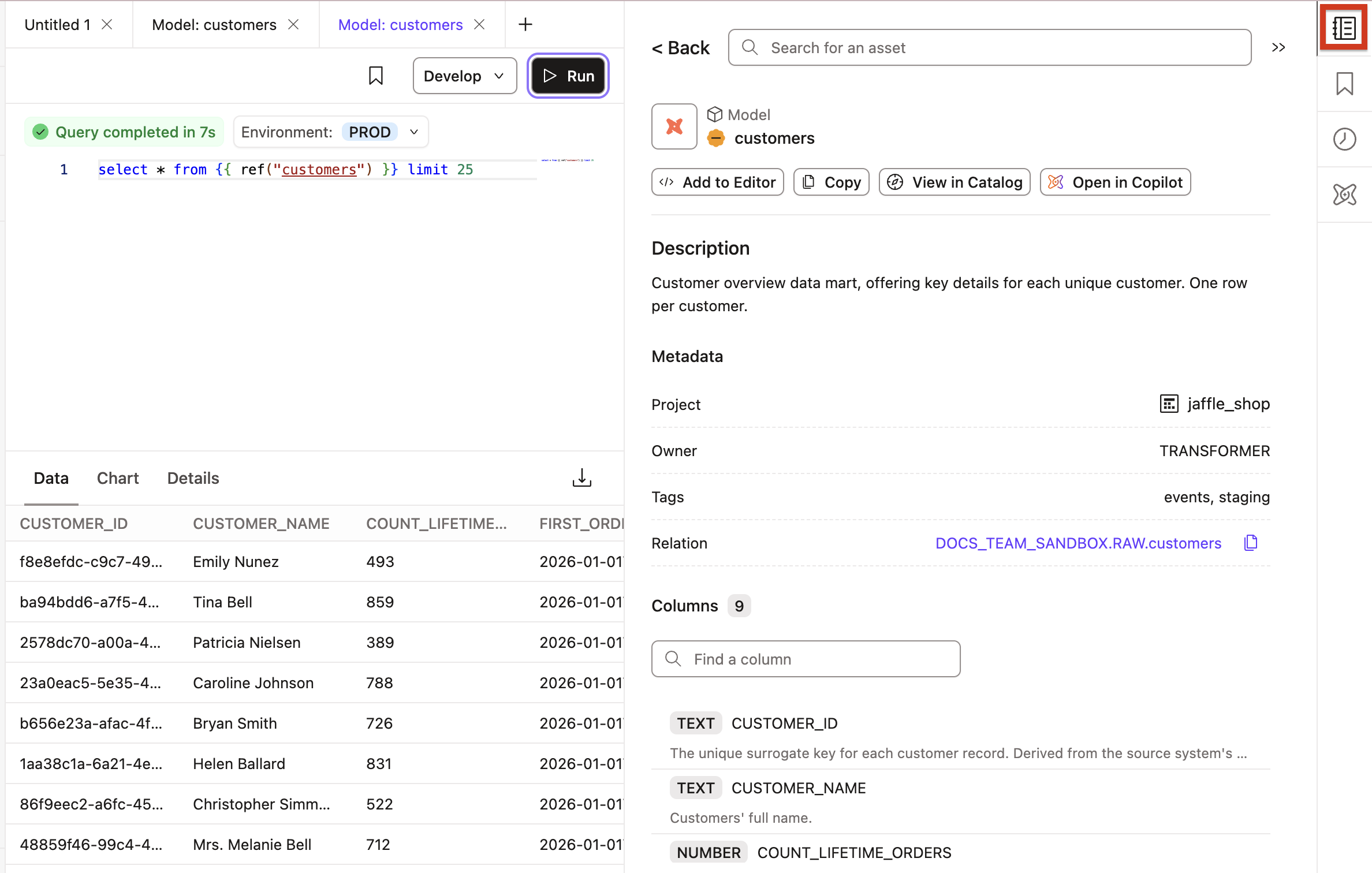 dbt Insights integrated with dbt Catalog