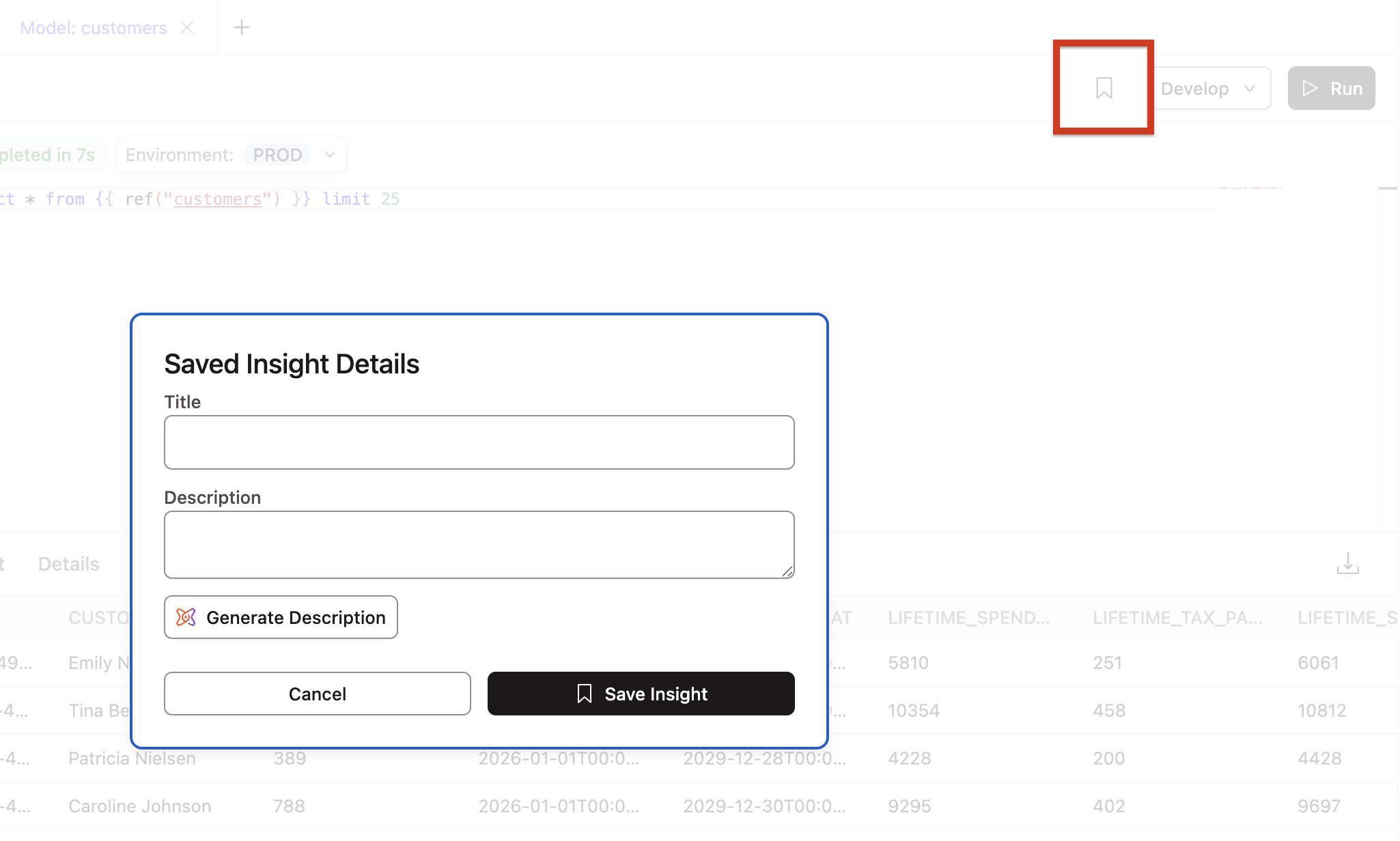 Bookmark Query Details modal Bookmark Query Details modal