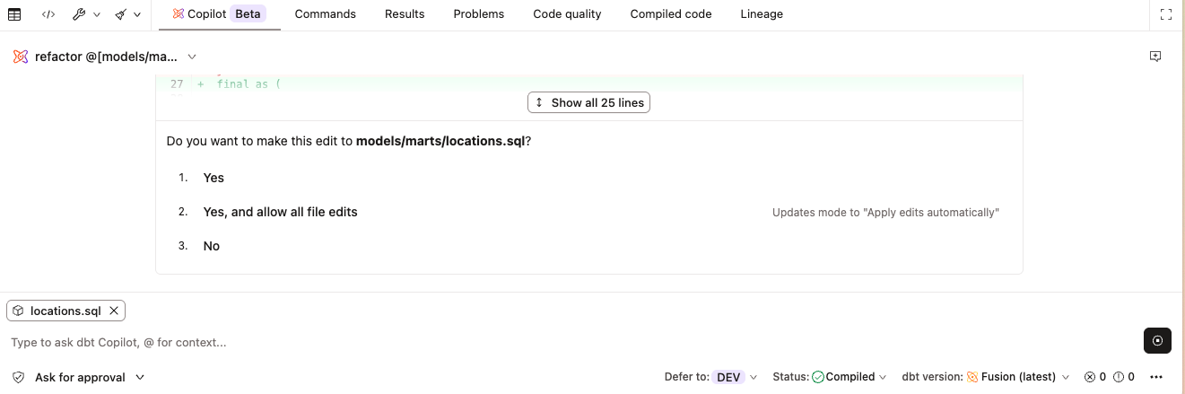 dbt Wizard in Ask for approval mode, requesting approval before making file edits.