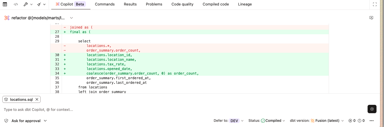 dbt Wizard displaying a diff of proposed YAML changes with line indicators and copy/open options. dbt Wizard displaying a diff of proposed YAML changes with line indicators and copy/open options.
