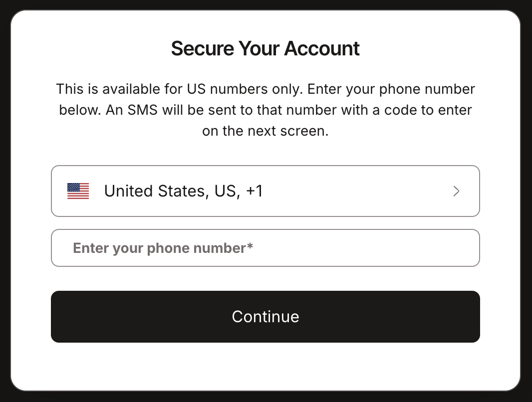 The phone number selection, including a dropdown for country code. The phone number selection, including a dropdown for country code.