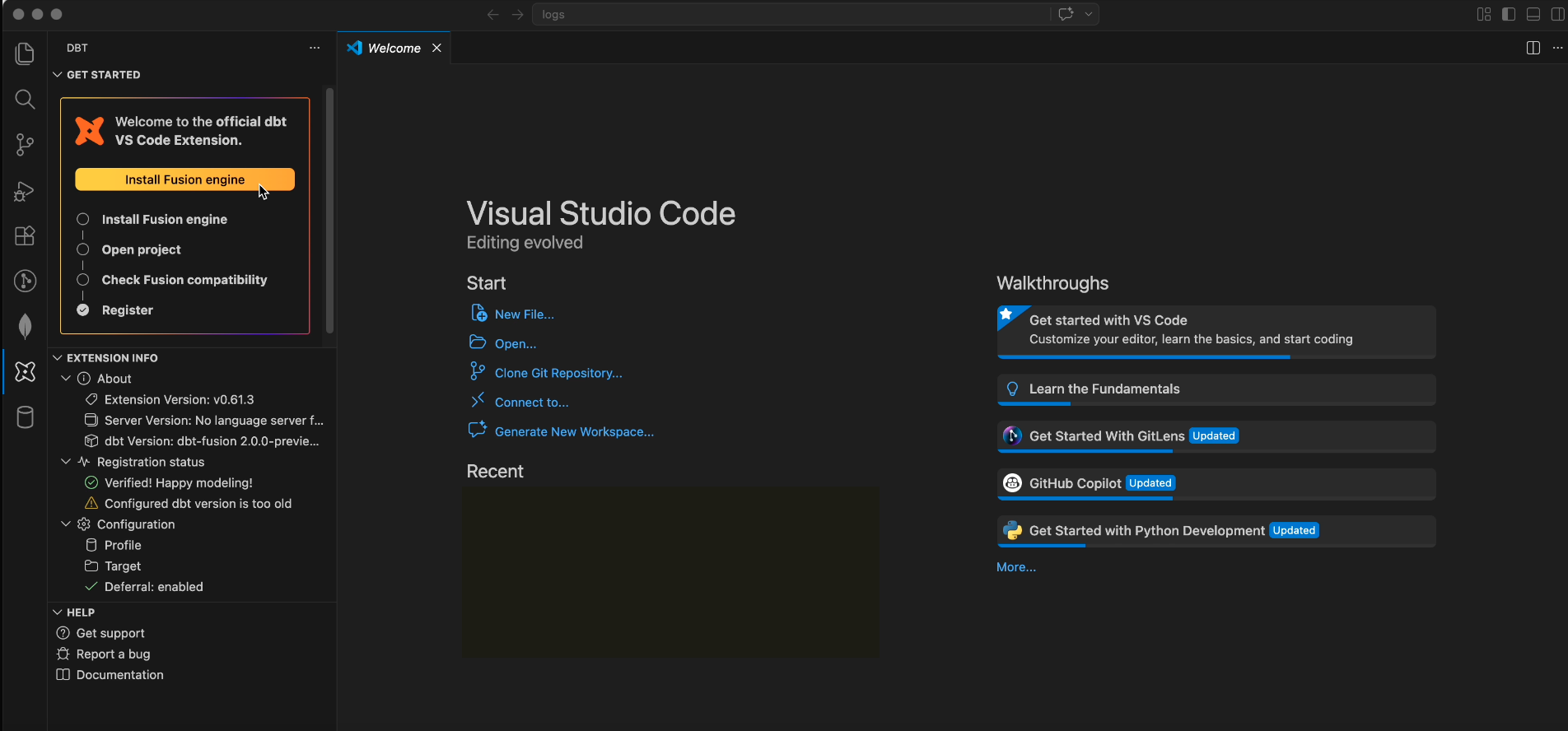 The Get started panel in VS Code showing the setup steps, with the active step highlighted. The Get started panel in VS Code showing the setup steps, with the active step highlighted.