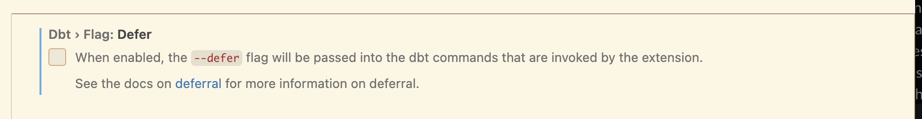 dbt VS Code extension deferral settings
