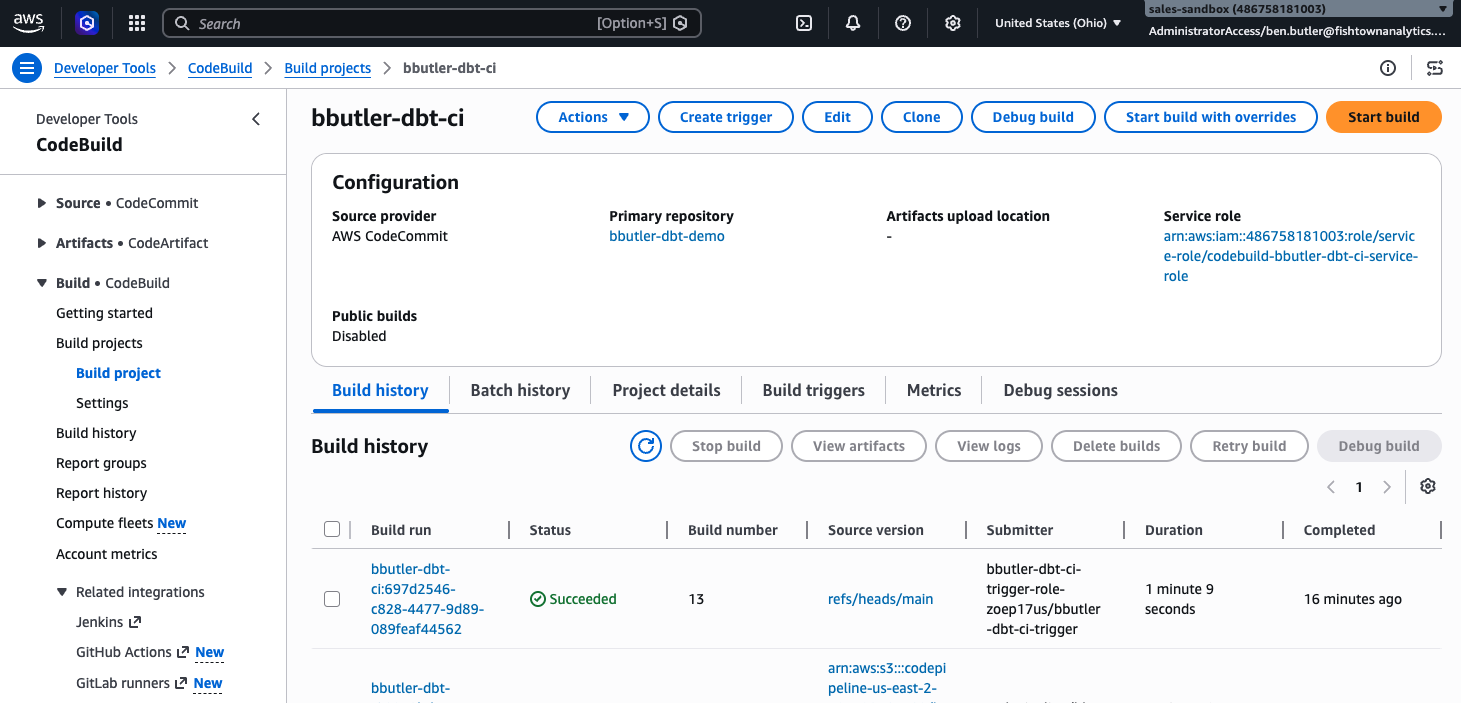 Find new build under build history of CodeBuild console